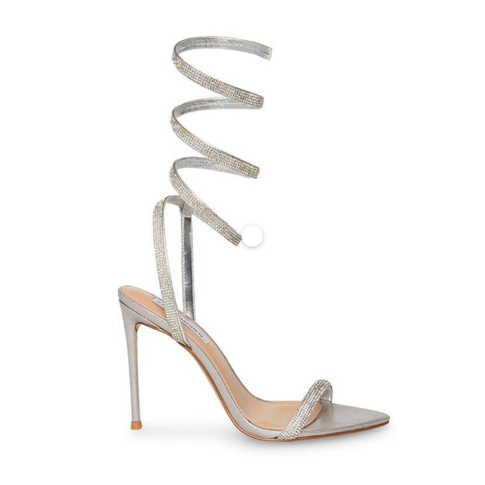 Steve Madden silver shiny glittery ankle wrap heels